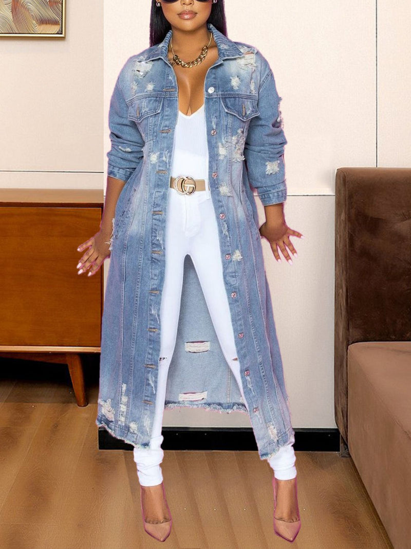 Raw Hem Long Denim Jacket - ShopEbonyMonique