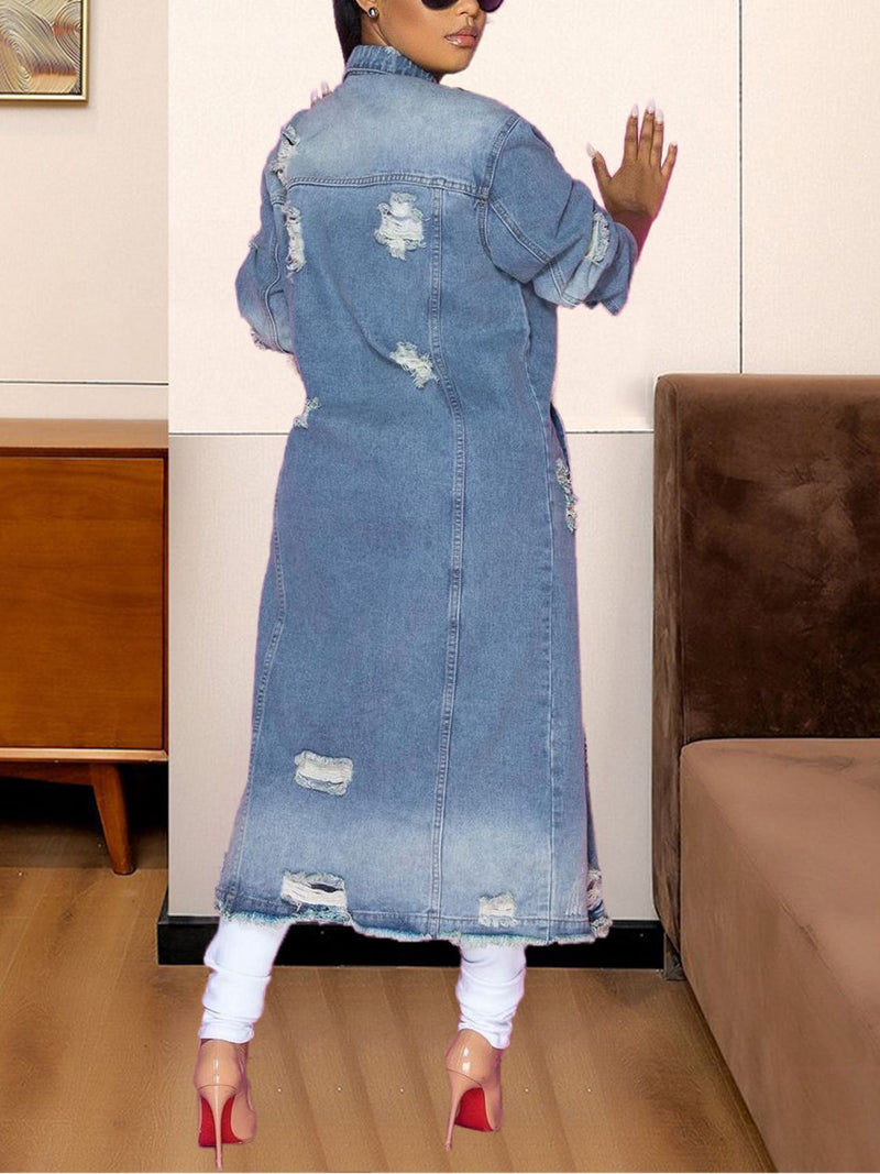 Raw Hem Long Denim Jacket - ShopEbonyMonique