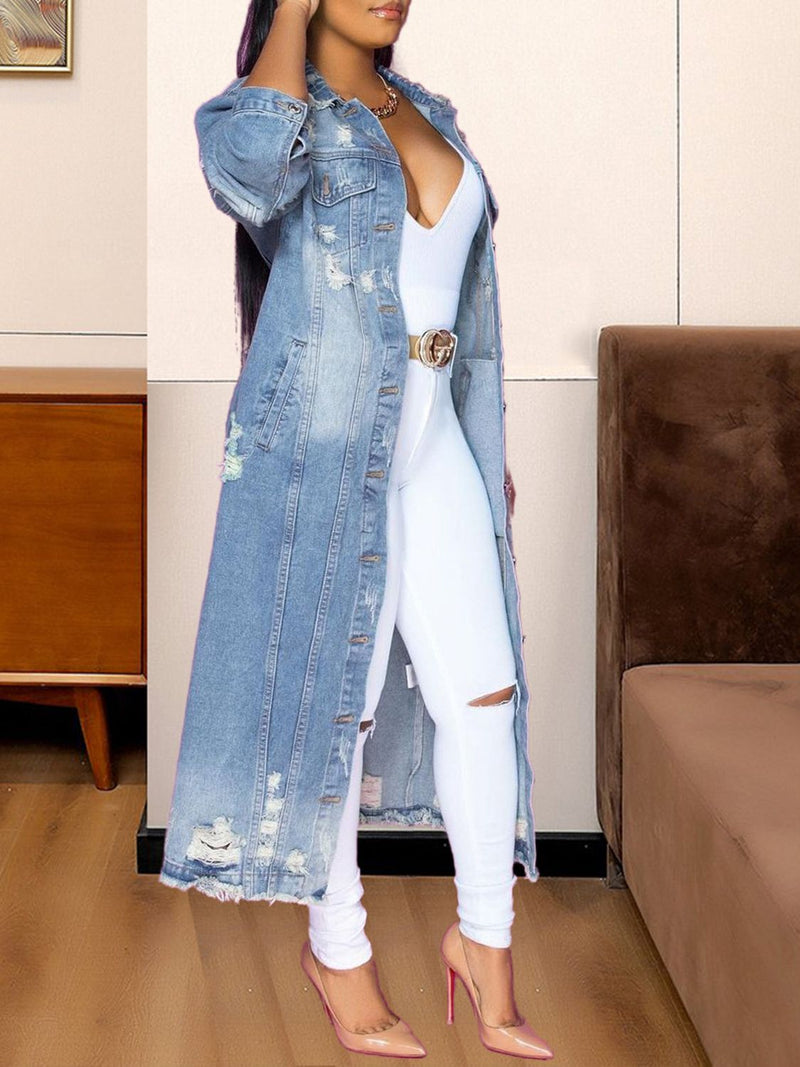 Raw Hem Long Denim Jacket - ShopEbonyMonique