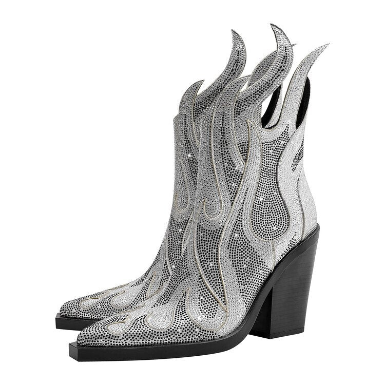 Rhinestone Cowgirl Flame Ankle Boots - ShopEbonyMonique