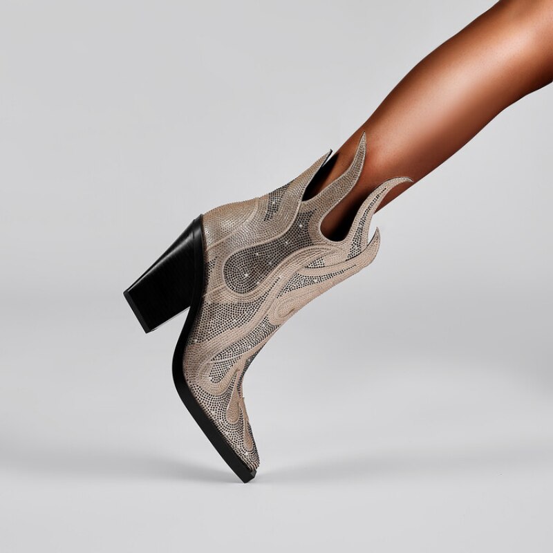 Rhinestone Cowgirl Flame Ankle Boots - ShopEbonyMonique