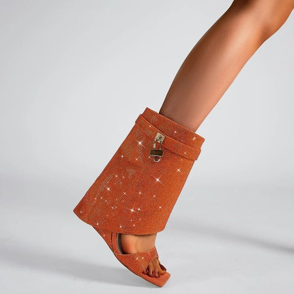 Rhinestones Lock  Open Toe Boots - ShopEbonyMonique