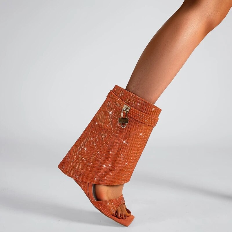 Rhinestones Lock  Open Toe Boots - ShopEbonyMonique