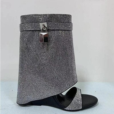 Rhinestones Lock  Open Toe Boots - ShopEbonyMonique