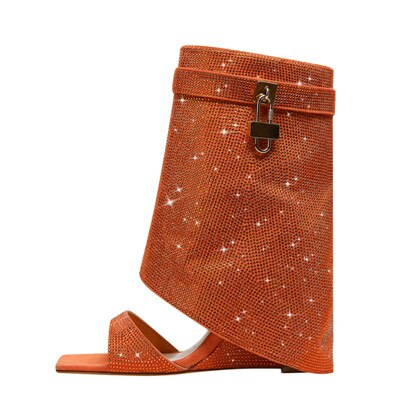Rhinestones Lock  Open Toe Boots - ShopEbonyMonique