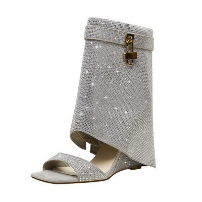 Rhinestones Lock  Open Toe Boots - ShopEbonyMonique