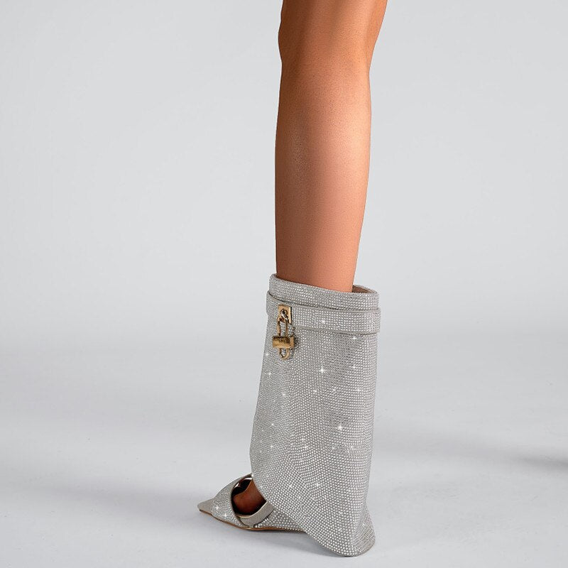 Rhinestones Lock  Open Toe Boots - ShopEbonyMonique