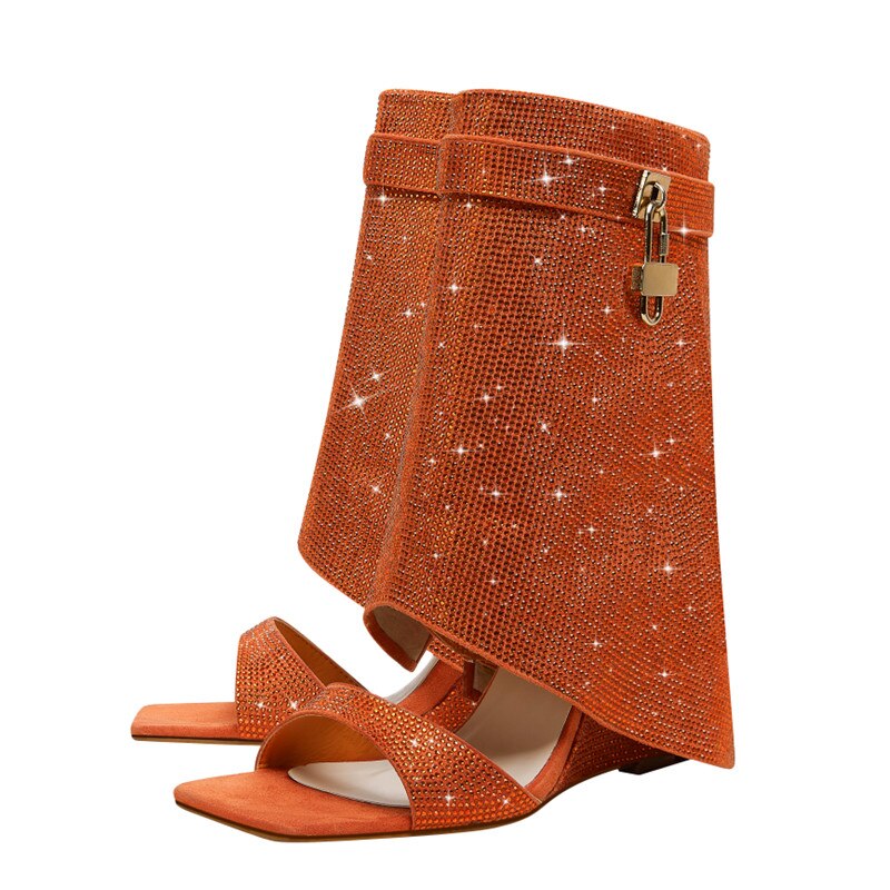 Rhinestones Lock  Open Toe Boots - ShopEbonyMonique