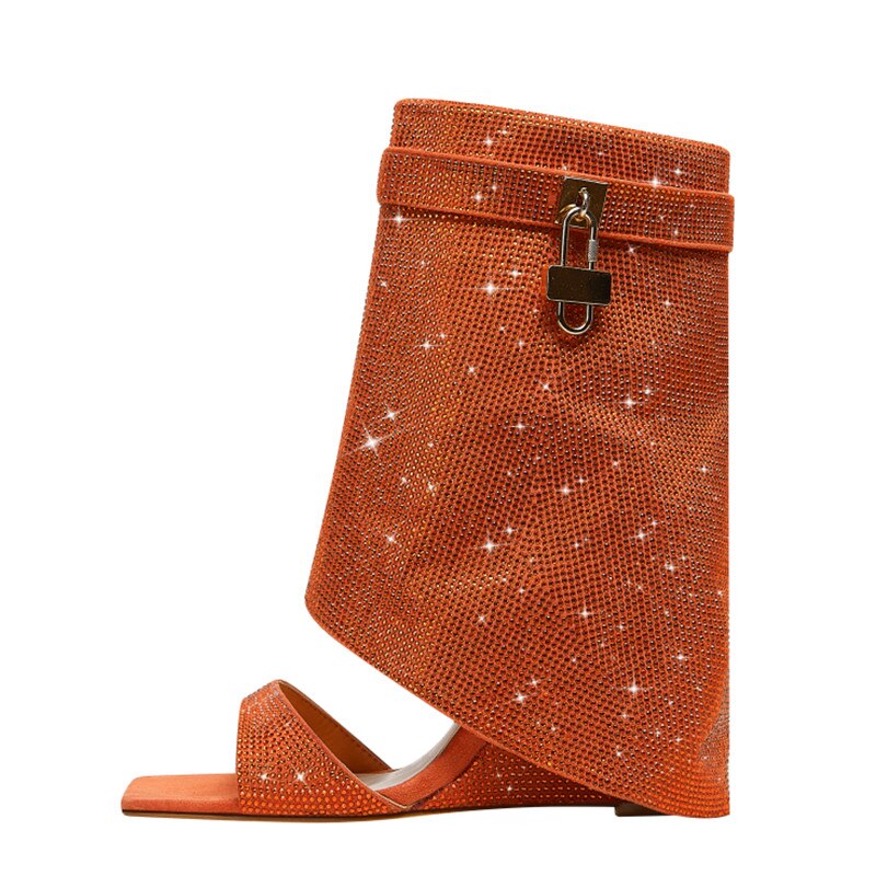 Rhinestones Lock  Open Toe Boots - ShopEbonyMonique