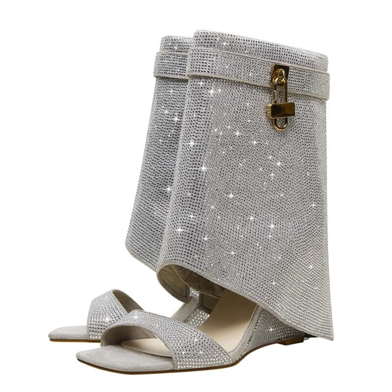 Rhinestones Lock  Open Toe Boots - ShopEbonyMonique