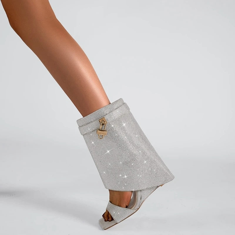 Rhinestones Lock  Open Toe Boots - ShopEbonyMonique