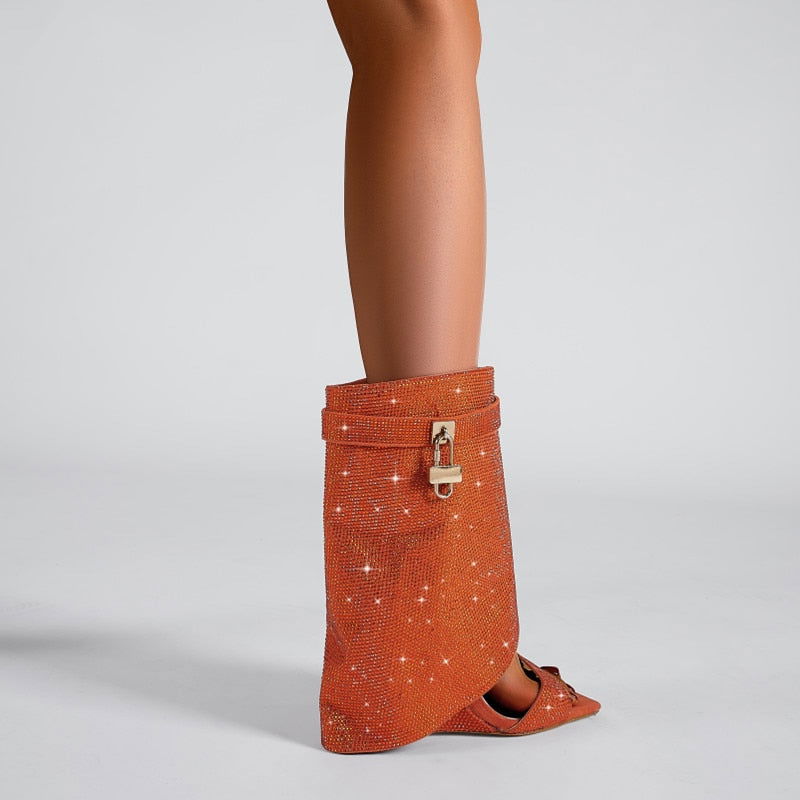Rhinestones Lock  Open Toe Boots - ShopEbonyMonique