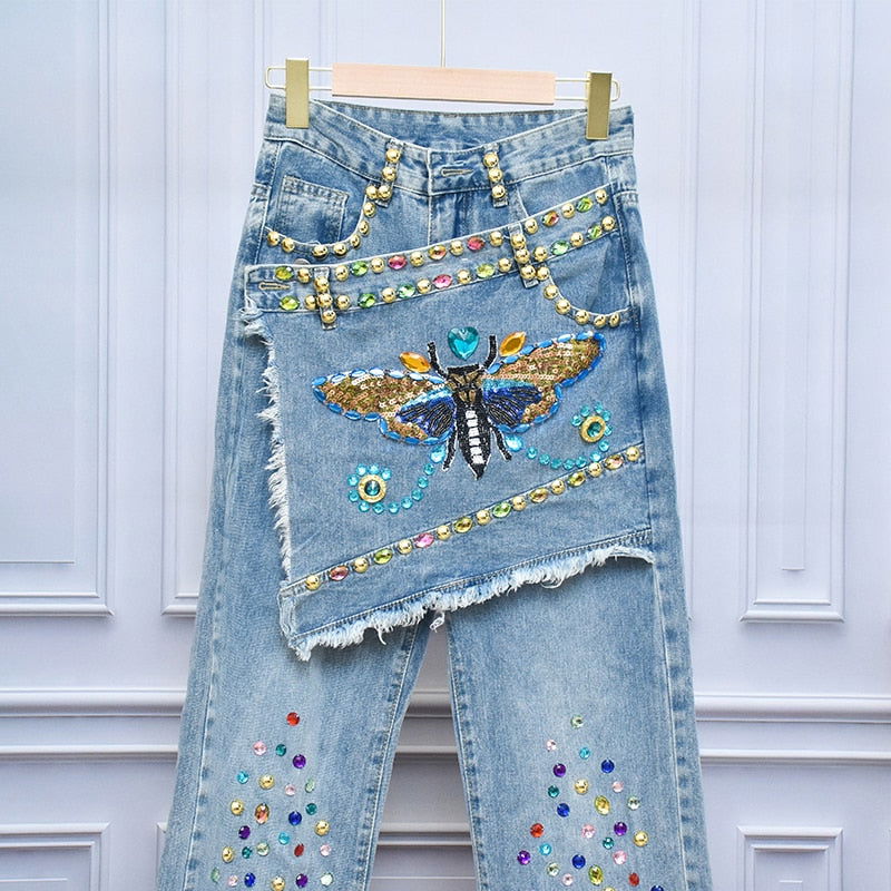 Sequins Butterfly Crystals  Jeans - ShopEbonyMonique