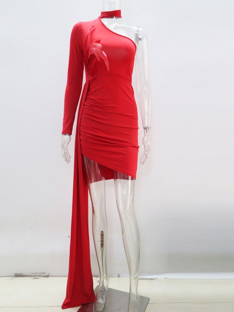 Single Shoulder Feather Mini Dress - ShopEbonyMonique