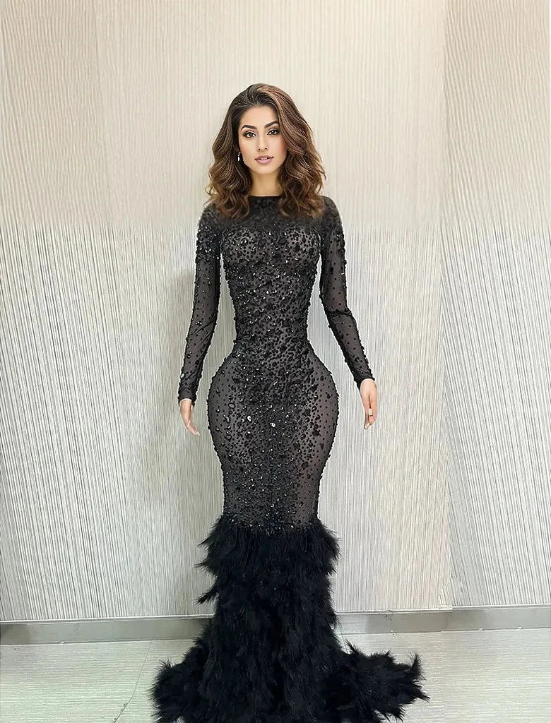 Sparkling  Me Transparent Feather Long Dress - ShopEbonyMonique