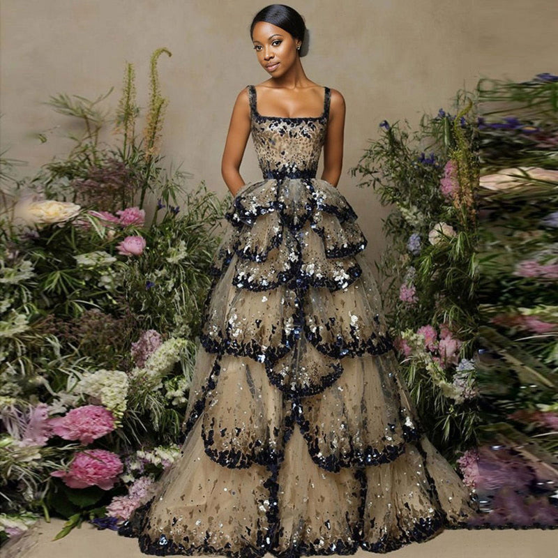 Sparkly Sequin Tiered Ruffles Evening Dresses - ShopEbonyMonique
