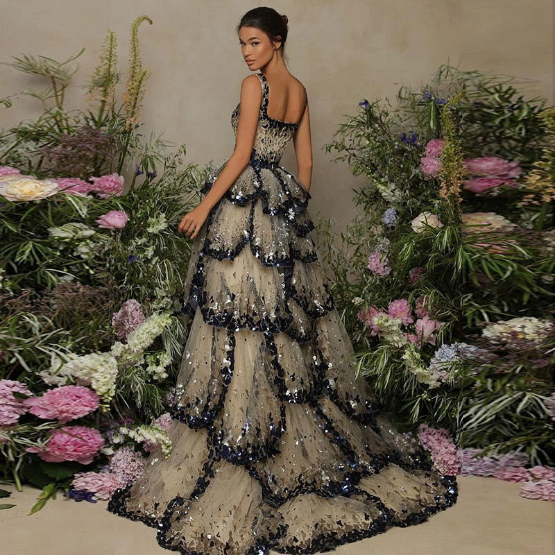 Sparkly Sequin Tiered Ruffles Evening Dresses - ShopEbonyMonique
