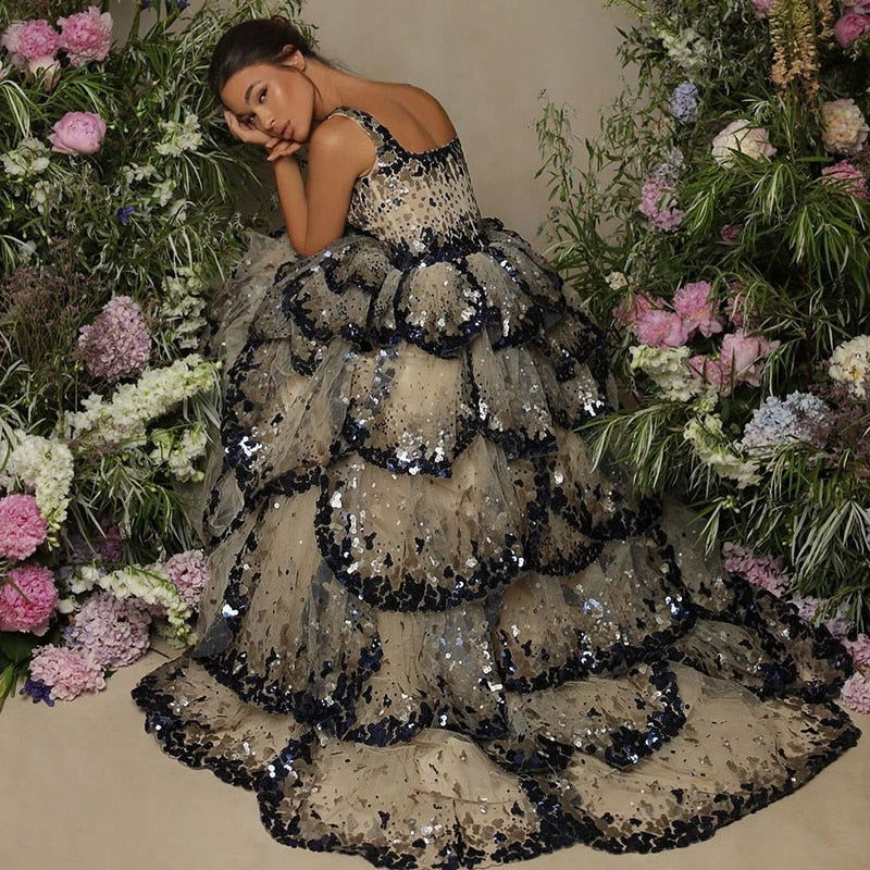 Sparkly Sequin Tiered Ruffles Evening Dresses - ShopEbonyMonique