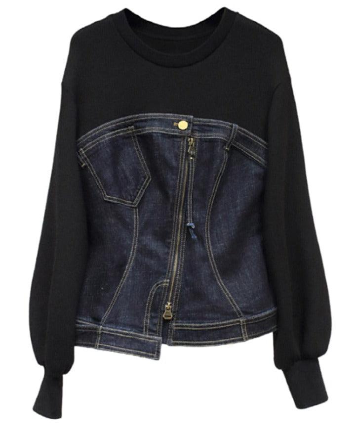 Split Denim Sweatshirt Top - ShopEbonyMonique