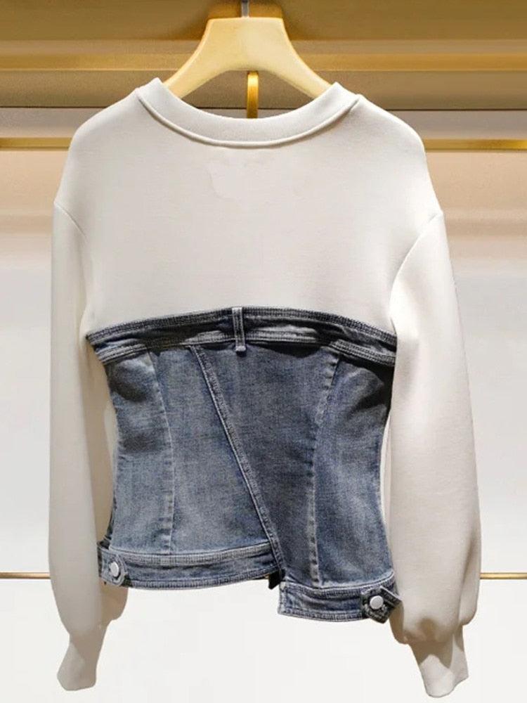 Split Denim Sweatshirt Top - ShopEbonyMonique