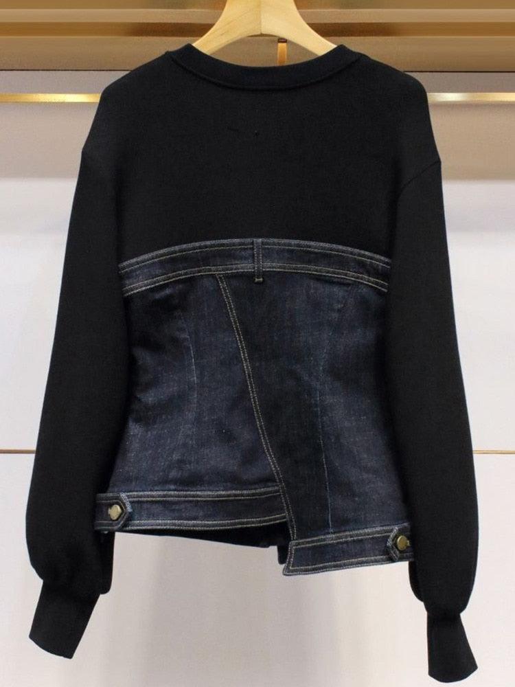 Split Denim Sweatshirt Top - ShopEbonyMonique