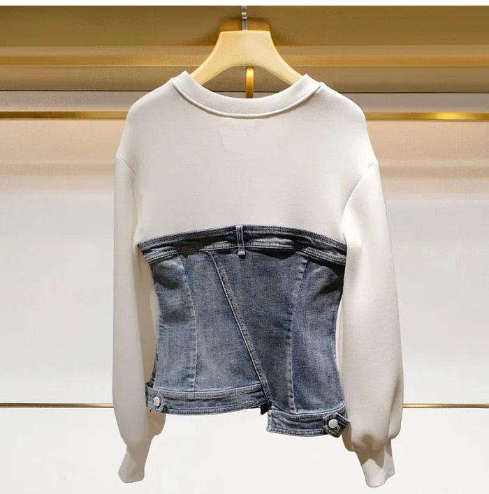 Split Denim Sweatshirt Top - ShopEbonyMonique