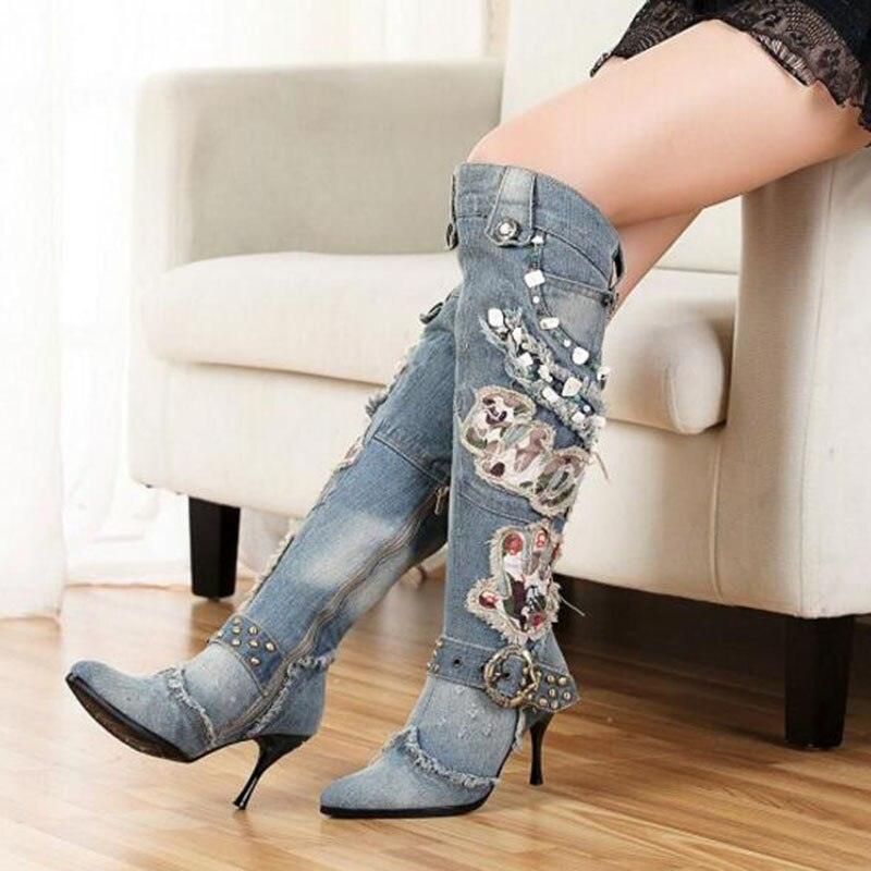 Studded Blue Denim  Boots - ShopEbonyMonique