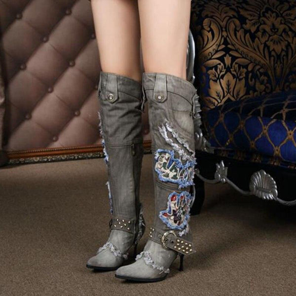 Studded Blue Denim  Boots - ShopEbonyMonique