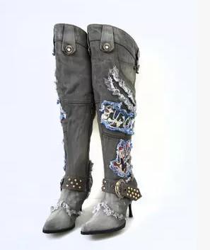 Studded Blue Denim  Boots - ShopEbonyMonique