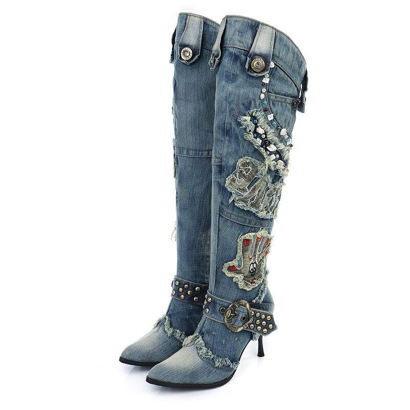Studded Blue Denim  Boots - ShopEbonyMonique