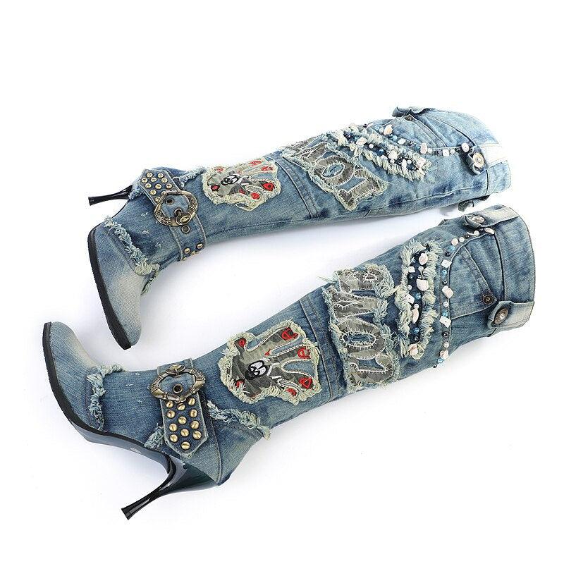 Studded Blue Denim  Boots - ShopEbonyMonique