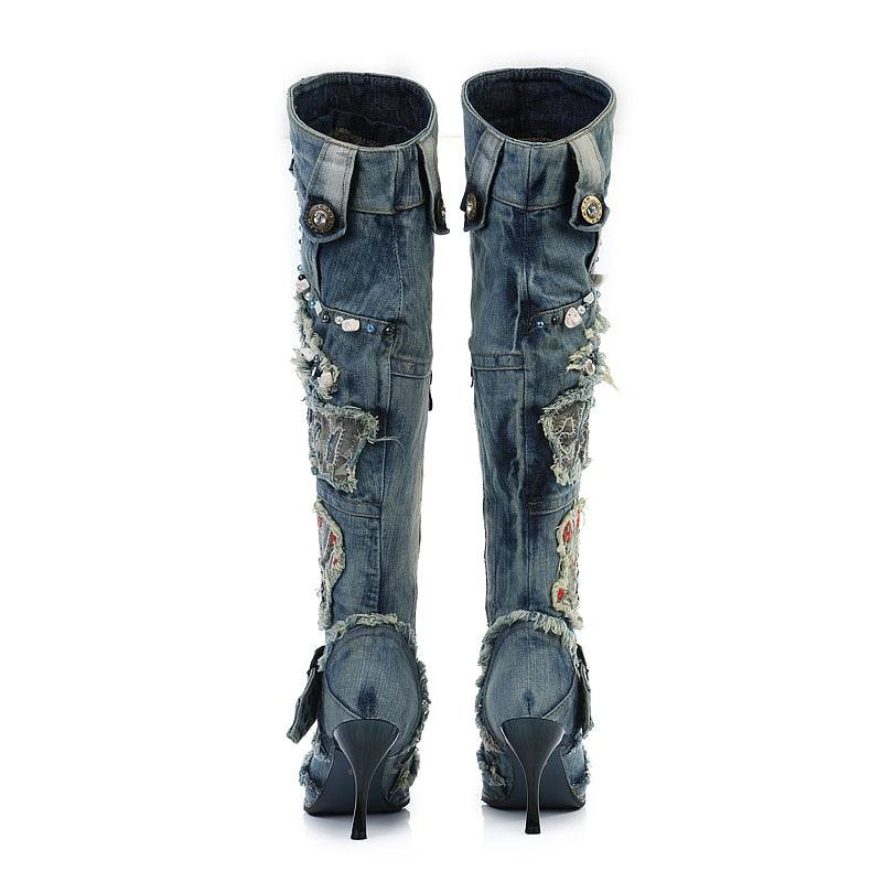 Studded Blue Denim  Boots - ShopEbonyMonique