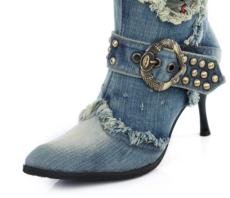 Studded Blue Denim  Boots - ShopEbonyMonique