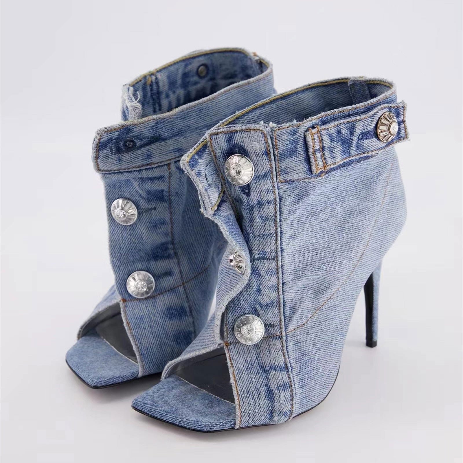 Vintage Denim Slim High Heel Button Sandals - ShopEbonyMonique