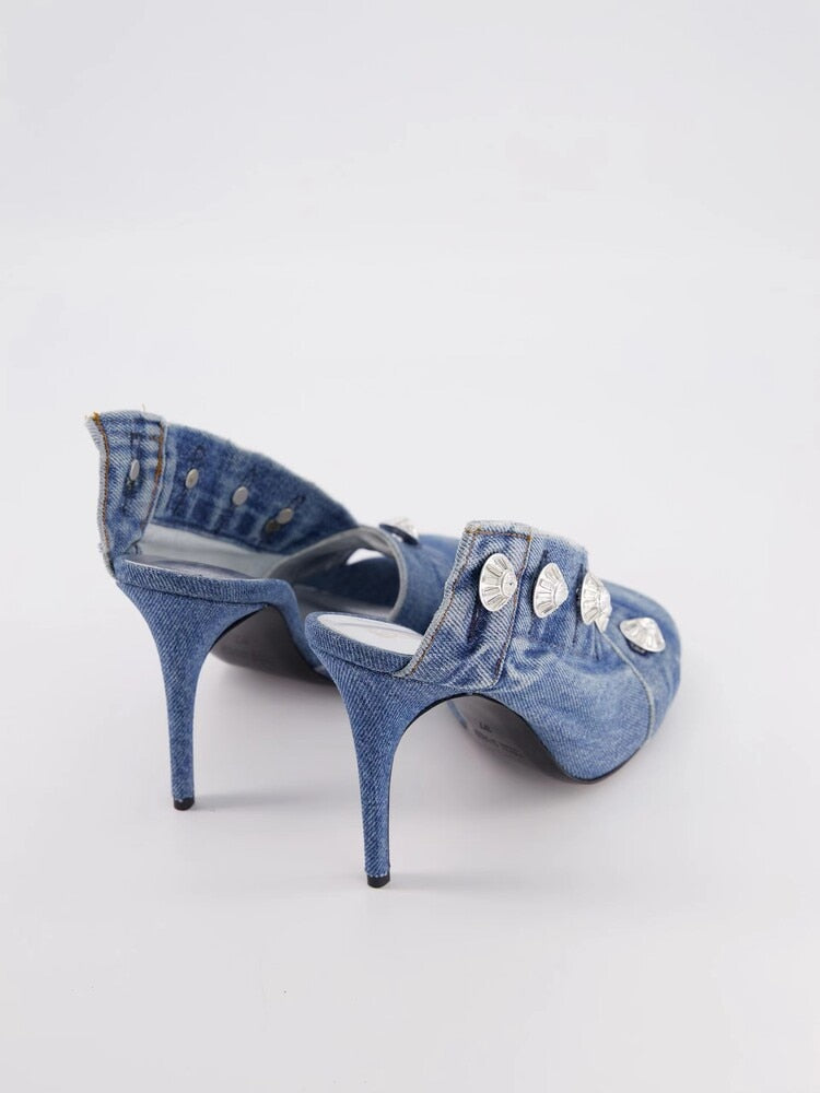 Vintage Denim Slim High Heel Button Sandals - ShopEbonyMonique