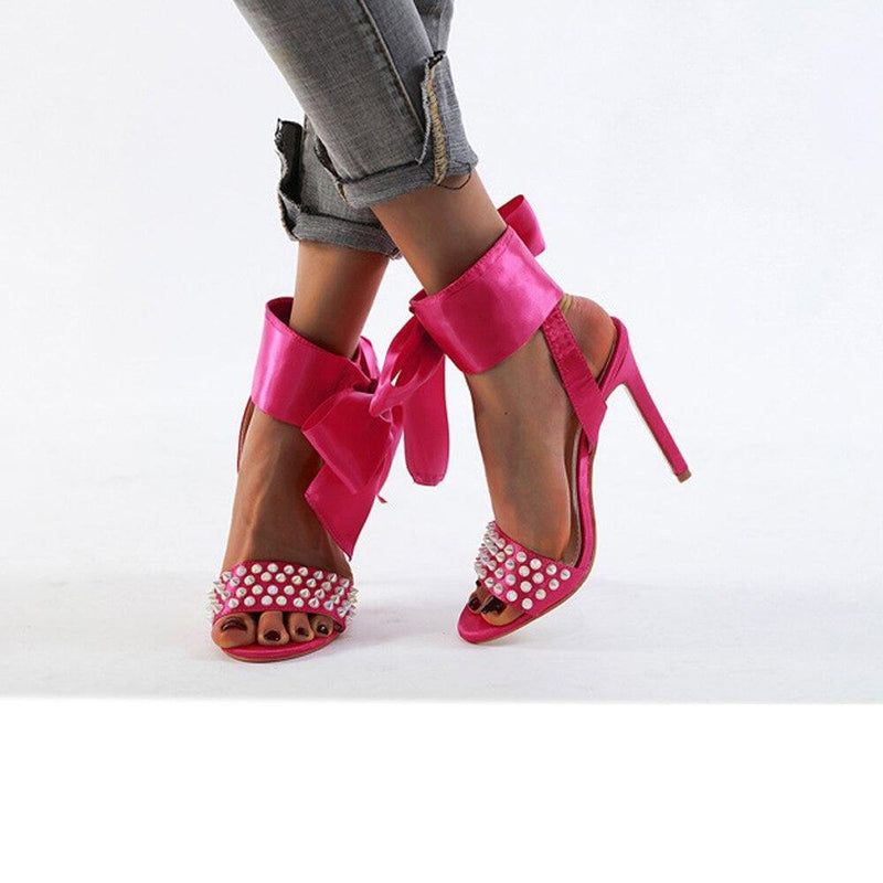 The Monique High Heel Ankle Wrap Bow Studded Sandals - ShopEbonyMonique