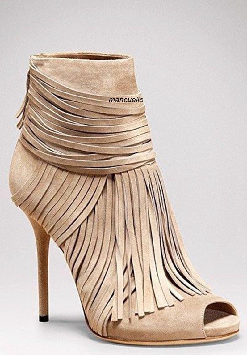 Fringe Girl Thin High  Ankle Boots with Classy Peep Toe - ShopEbonyMonique